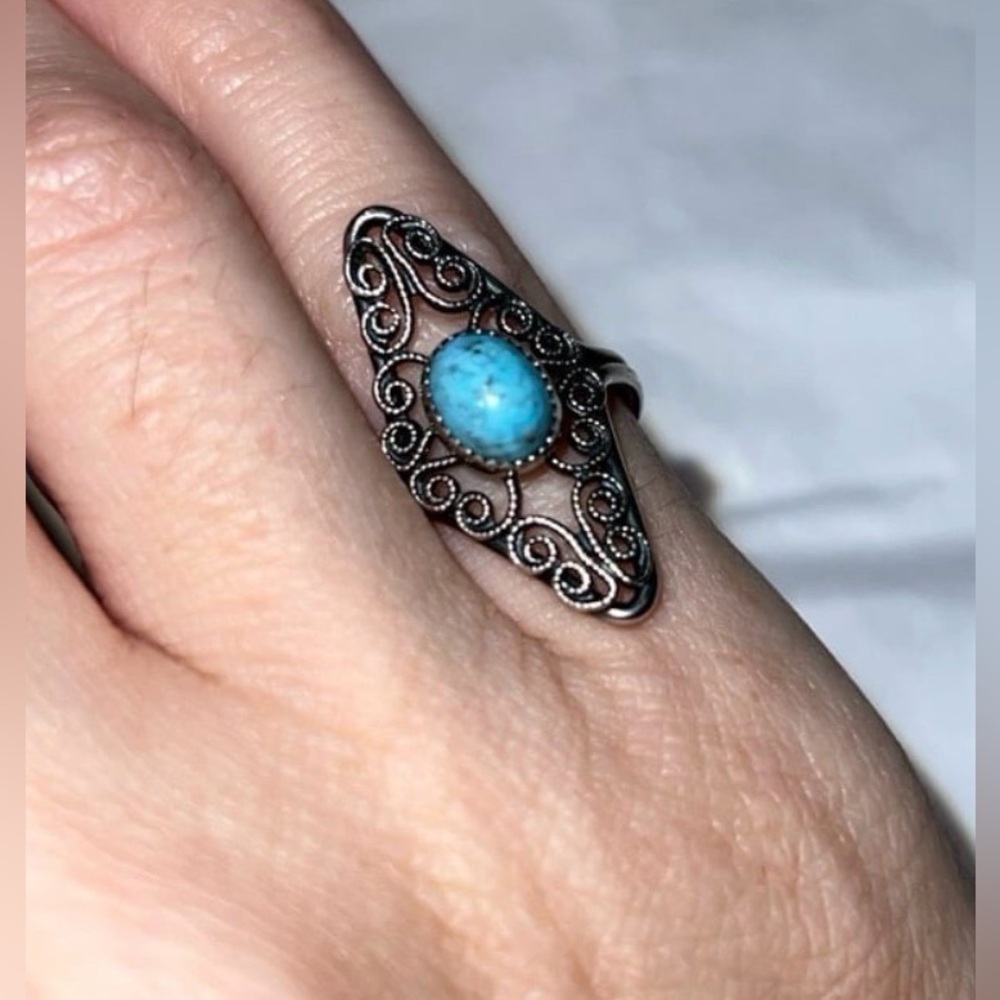 Sterling Silver Filigree Larimar Stone Adjustable Ring size 5